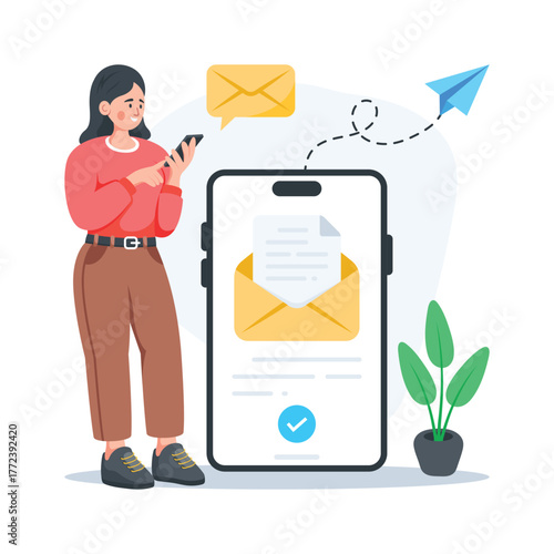 Female user checking mobile email alert and inbox messages, flat illustration
