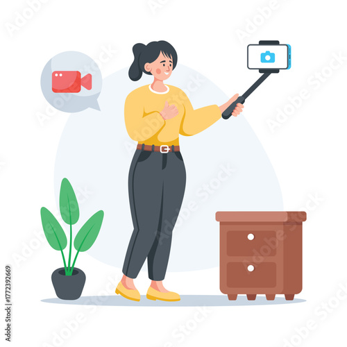 Female vlogger recording video with smartphone and selfie stick, concept vector