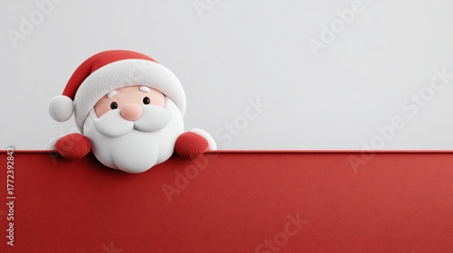 Cute santa claus 3d character peeking over a red empty banner, presenting space for christmas holiday message or festive greeting, isolated on white background