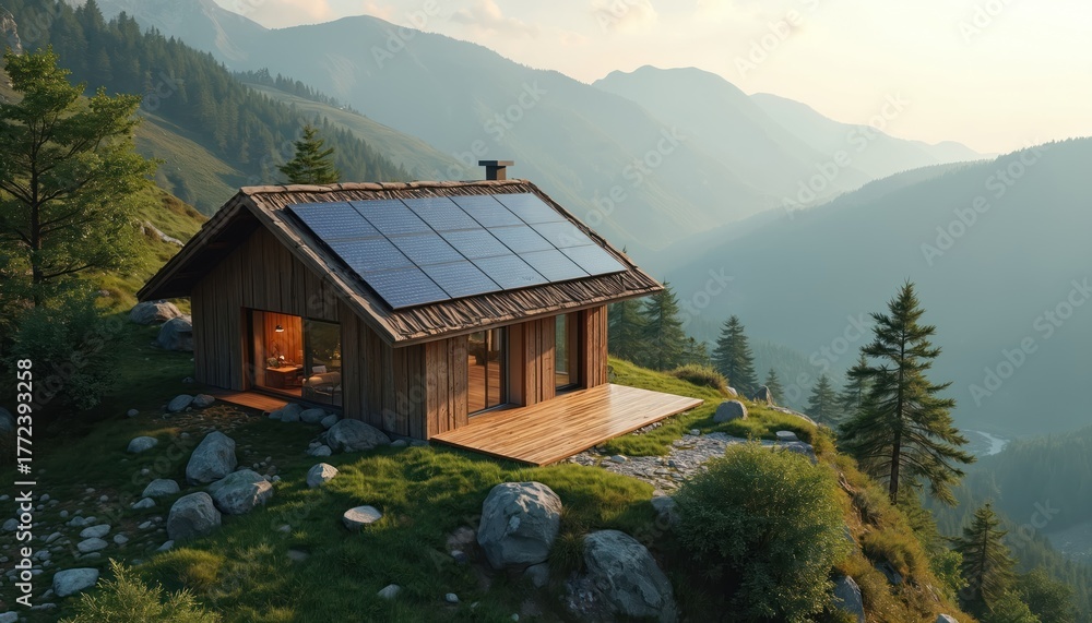 Fototapeta premium Rustic wooden cabin stands in mountains. Solar panels provide eco energy. Sustainable mountain shelter natural design. Alternative energy powers countryside house on green hill. Retreat offers escape