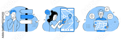 Girl using mobile phone and searching route with GPS map app. Man read map and choose which way. Effective business solution. Businessman standing road sign. Web colors. Set of 3 vector illustrations