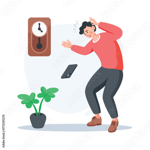 Creatively crafted flat style illustration of man accidentally dropping his phone