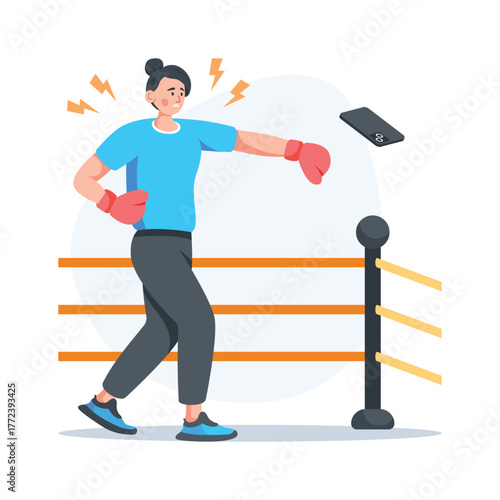 Flat illustration of man punching the smartphone, digital detox concept vector