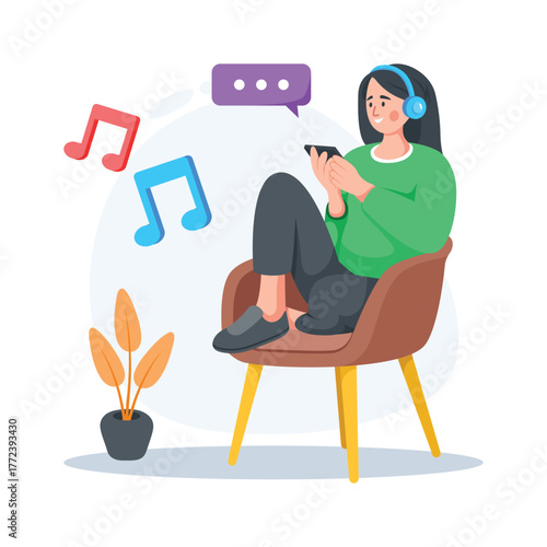 Flat illustration of a woman using mobile phone, mobile addiction vector