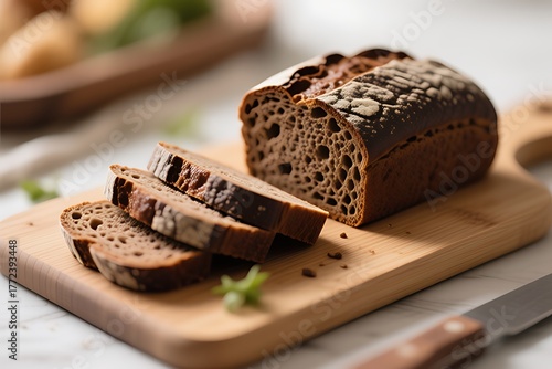 Artisan dark rye loaf sliced and styled on a cutting board.
