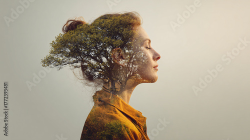 Woman's profile with tree overlay symbolizing connection, nature, and growth