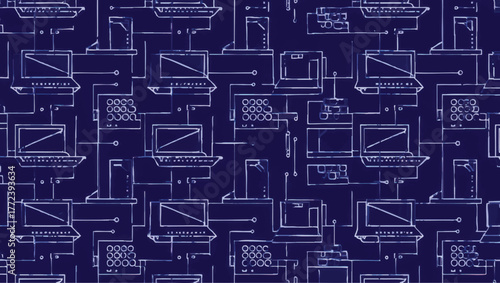 Blueprint-style seamless pattern of interconnected electronic devices and network diagrams on a dark blue background.