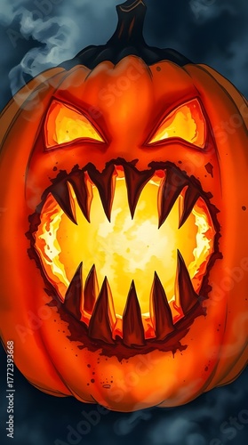 Fierce Glowing Jack-O'-Lantern with Sharp Teeth and Smoke on Dark Night
