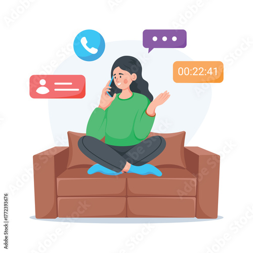 Woman talking on smartphone sitting on couch flat illustration
