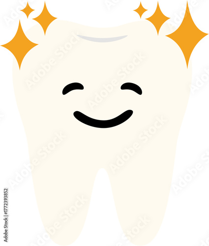 Flat vector illustration of a shiny white tooth with sparkle effects. Ideal for dental whitening advertisements, hygiene education, and oral care visuals.