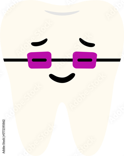 Flat vector illustration of a cute healthy tooth wearing purple braces. Perfect for orthodontic clinic design, dental care education, and oral health awareness materials.