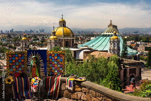Mexico City, panorama from the Santuario de Guadalupe,
view of the sanctuary's domes and the city's skyscrapers