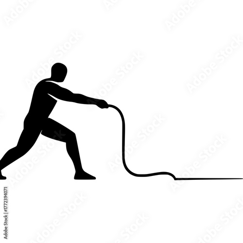 Dynamic athlete silhouette powerfully pulling rope, fitness challenge, strength training icon for modern workout programs and branding, vector design element