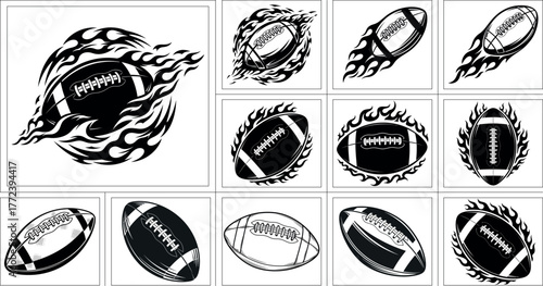 Dynamic American Football Designs Featuring Flames and Classic Ball Depictions A Versatile Collection of Sports Graphics