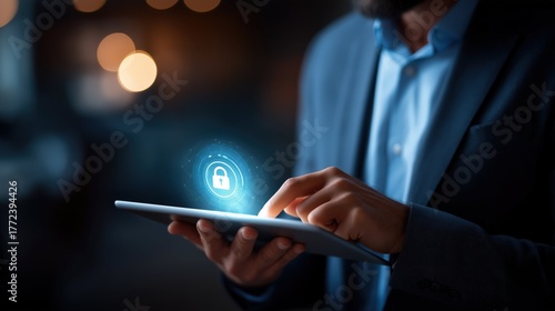 Wallpaper Mural Businessman Using Tablet with Digital Lock Icon Representing Cybersecurity and Data Protection in Modern Workplace Environment Torontodigital.ca