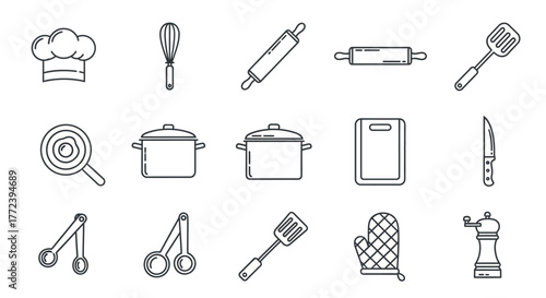 Collection of kitchen utensils and cooking equipment in a line-art style