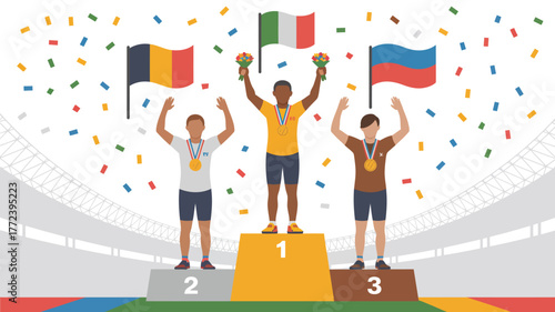 Three athletes on podium with flags and confetti celebrating victory at an olympic games event