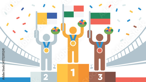 Athletes on podium holding flags and bowls with confetti falling in a stadium illustration style