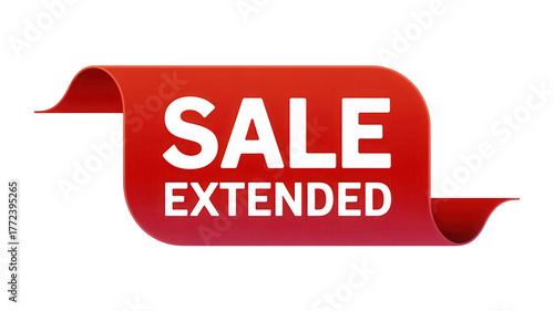 Red ribbon banner announcing sale extended with white text isolated on transparent background