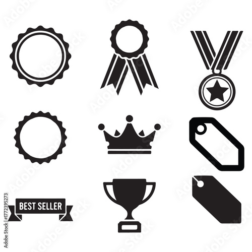 Collection of black and white award icons for graphic design set and bundle silhouette art vector design