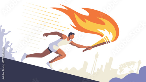 Illustration of a runner carrying a torch with a flame against a cityscape background design style