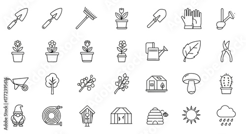 Collection of simple outline icons representing gardening tools, plants, and garden features