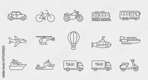 Collection of diverse transportation icons in a clean, simple outline style