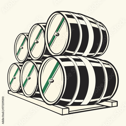 Minimalist Rows of Oil Barrels with Green Accent | Vector Illustration
