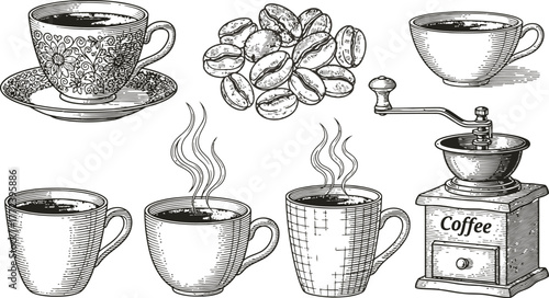 Vintage coffee shop essentials set with steaming cups beans and old grinder sketch
