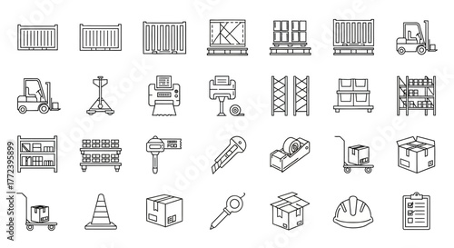 Warehouse equipment icons containers, forklifts, shelves, carts, boxes, and tools