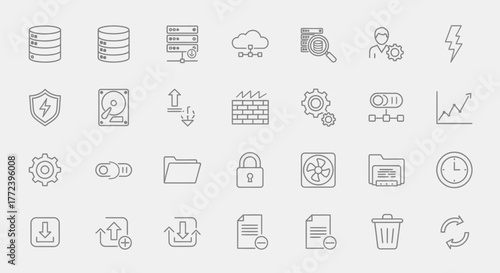 Collection of thin line icons representing data, security, and tech concepts against a light background