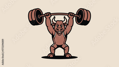 Cartoon bull in wrestling suit lifting a barbell with weights above his head on a light background