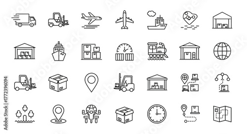Simple line icons representing shipping, logistics, and transportation concepts