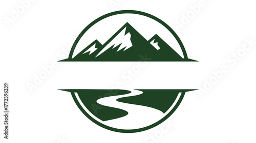 Nature landscape logo design featuring mountains river and circle emblem for outdoor brands vector