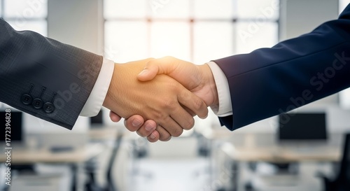 Two businessmen shaking hands in an office setting, symbolizing agreement, partnership, and success.jpeg