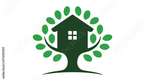 Green treehouse logo design symbolizing nature and home symbolizing growth and shelter vector