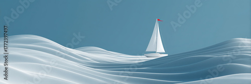A minimalist 3D rendering of a white sailboat (with smooth white hull and sails) with red flag sailing on smooth blue and white waves. Symbolizing freedom, travel, and ocean adventure. Generative Ai.