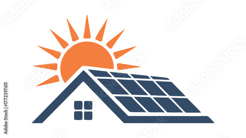 Solar energy home icon with sun and rooftop solar panels generating clean power vector