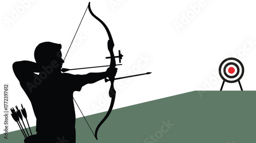 Silhouette of archer aiming bow and arrow at target on a hill with arrows in quiver nearby