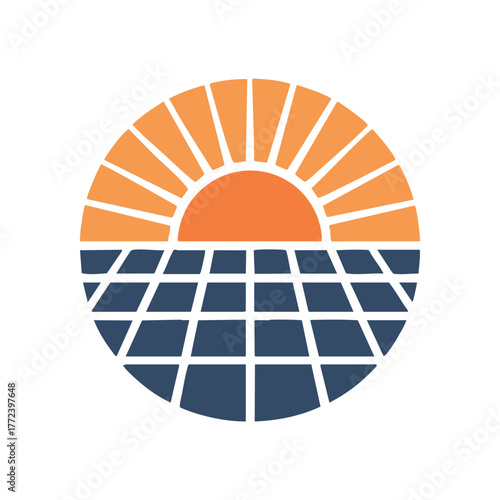 Renewable energy logo design sun and solar panels emblem representing sustainability and clean power vector