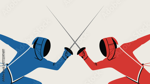 A stylized illustration of two fencers in red and blue engaged in a duel with crossed swords