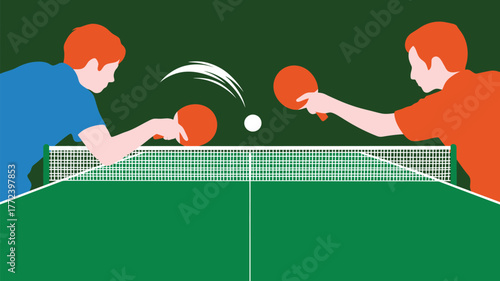 Two players playing table tennis with a ball in motion over the net on a green table surface view