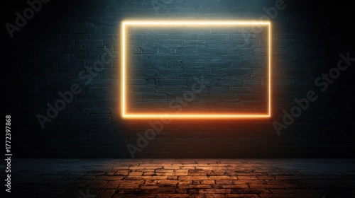 Glowing neon frame Black Friday sale sign on a dark brick wall background
