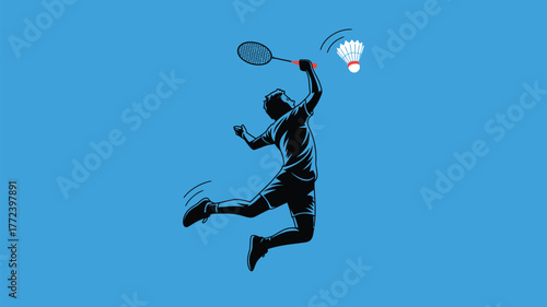 Silhouette of a badminton player jumping to hit a shuttlecock with a racket on a blue background