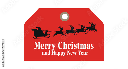 A festive red Christmas tag with Santa Claus in his sleigh being pulled by reindeer, wishing everyone a Merry Christmas and a Happy New Year.
