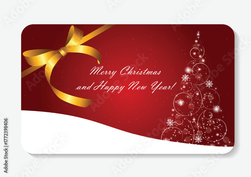 Merry Christmas and Happy New Year Greeting Card with Elegant Gold Ribbon, White Swirl Tree, and Festive Holiday Background for Seasonal Celebration Design