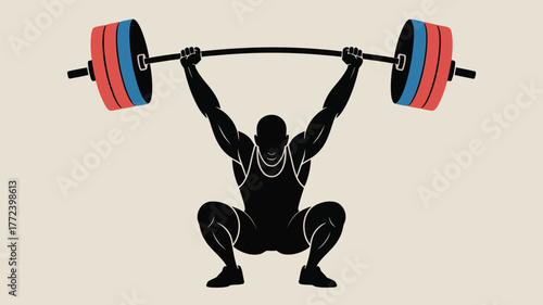 Silhouette of weightlifter squatting with barbell overhead in a stylized illustration style