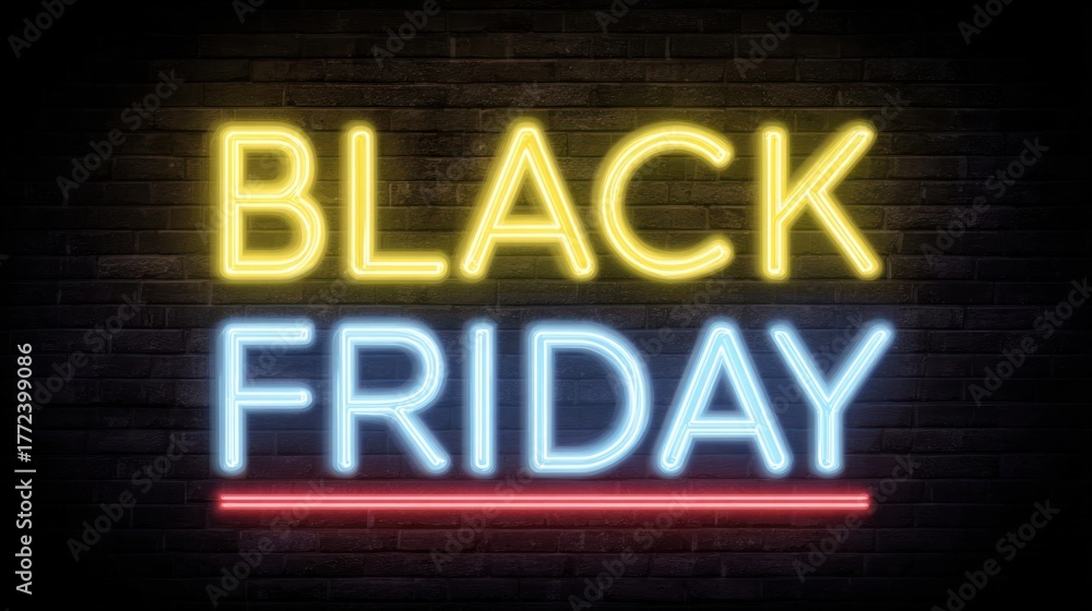 Obraz premium Glowing neon light banner with Black Friday sale text on a dark background