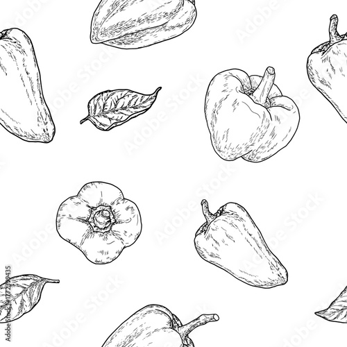 Bell pepper and sprigs with leaves, sketch. Vector illustration. Fresh farm vegetables, seamless pattern, isolated on a white background. Theme of healthy eating, eco-friendly and vegetarianism