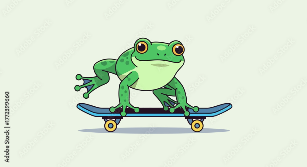Obraz premium Cool green frog character riding skateboard cartoon illustration